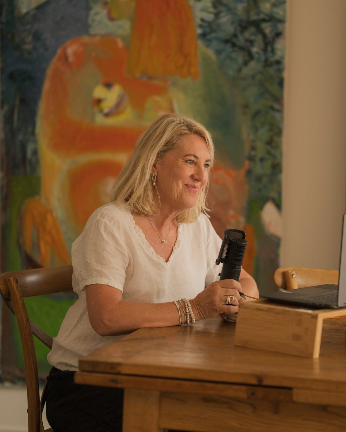 Debbie recording the podcast
